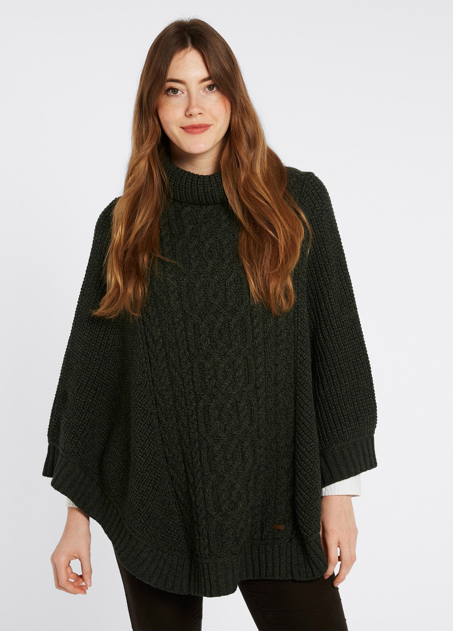 Kilronan Women’s Irish Knit Merino Poncho - Olive
