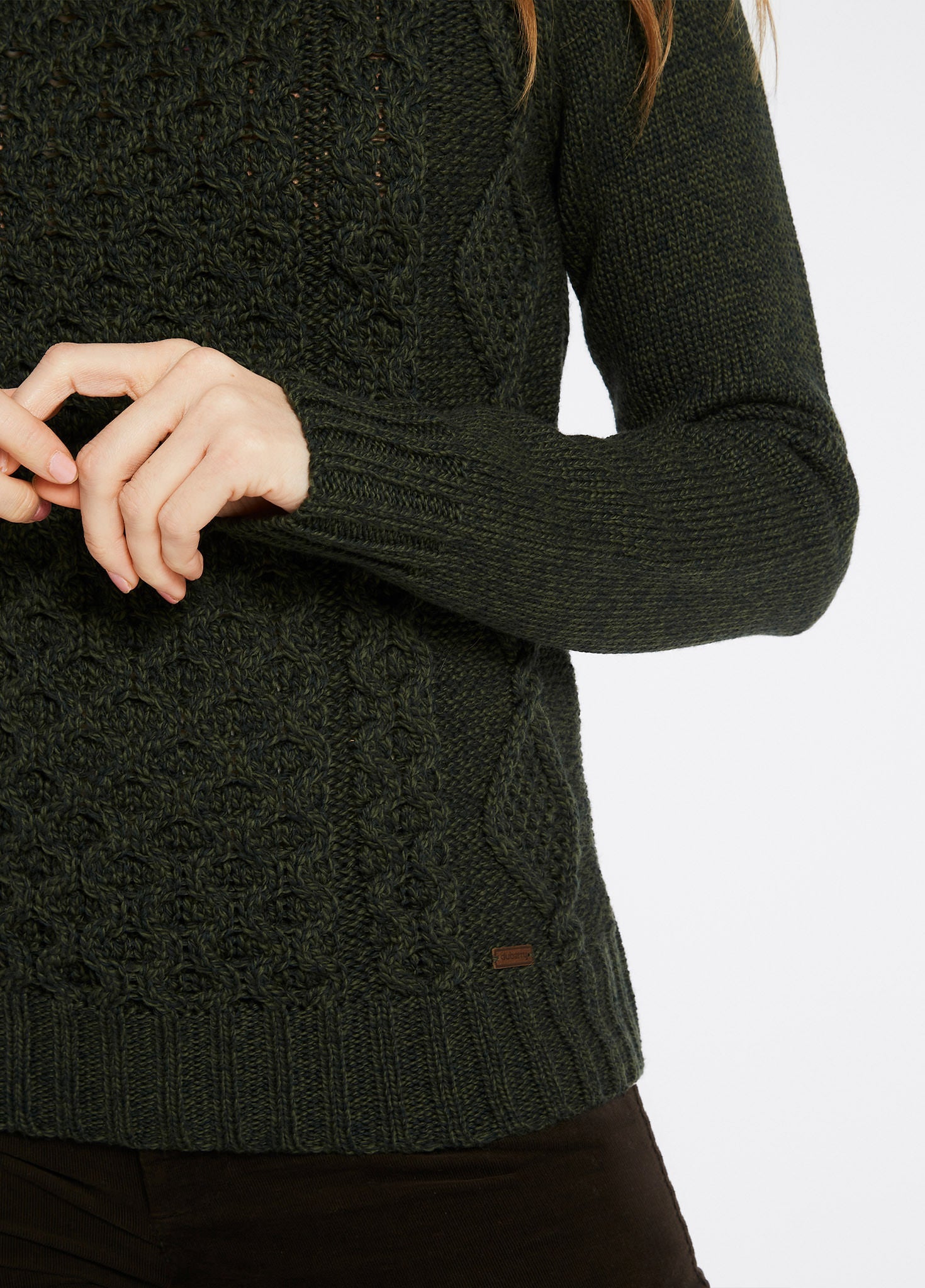 Shanley Women's Irish Knit Merino Aran Sweater - Olive