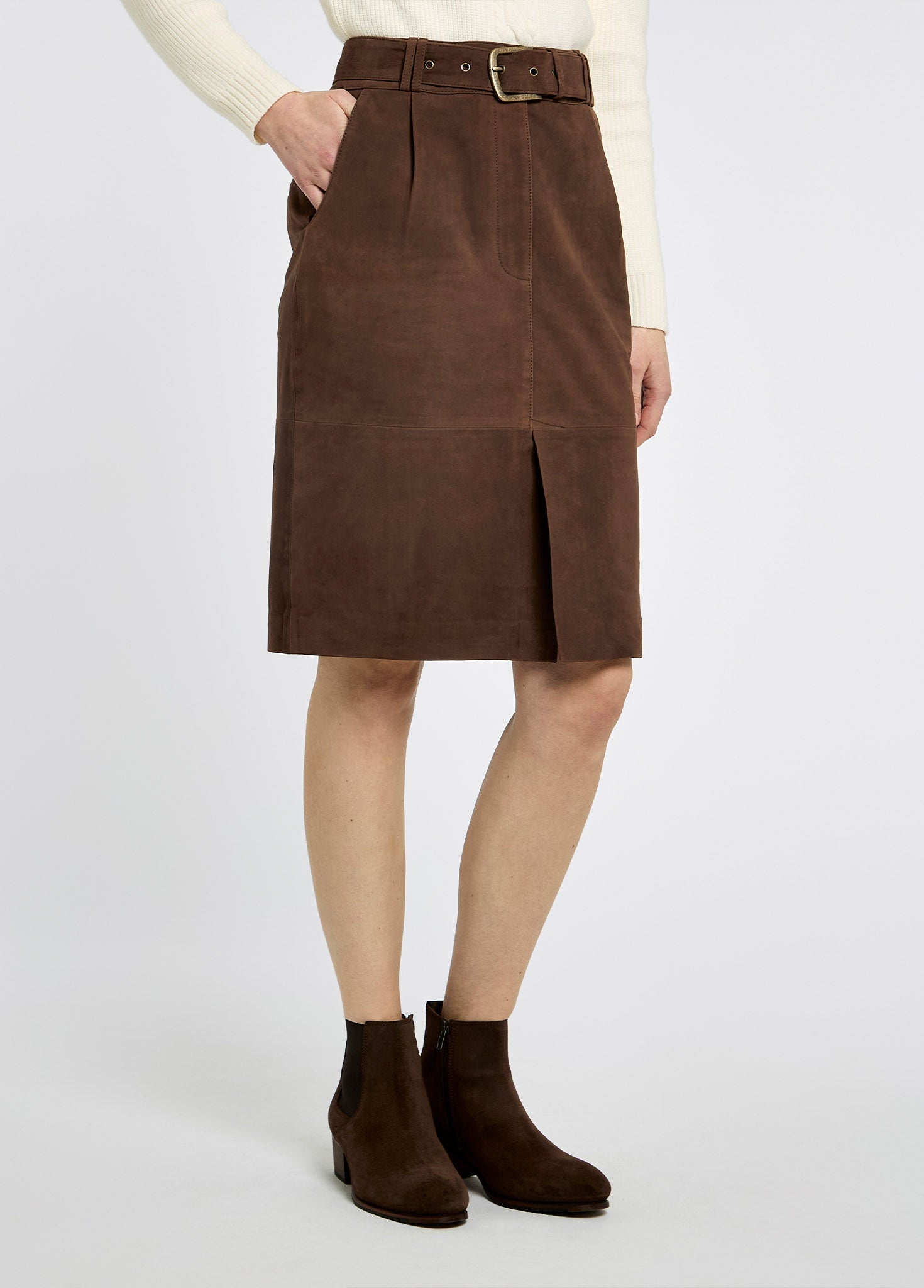 Sullivan Ladies' Knee-length belted suede skirt - Walnut