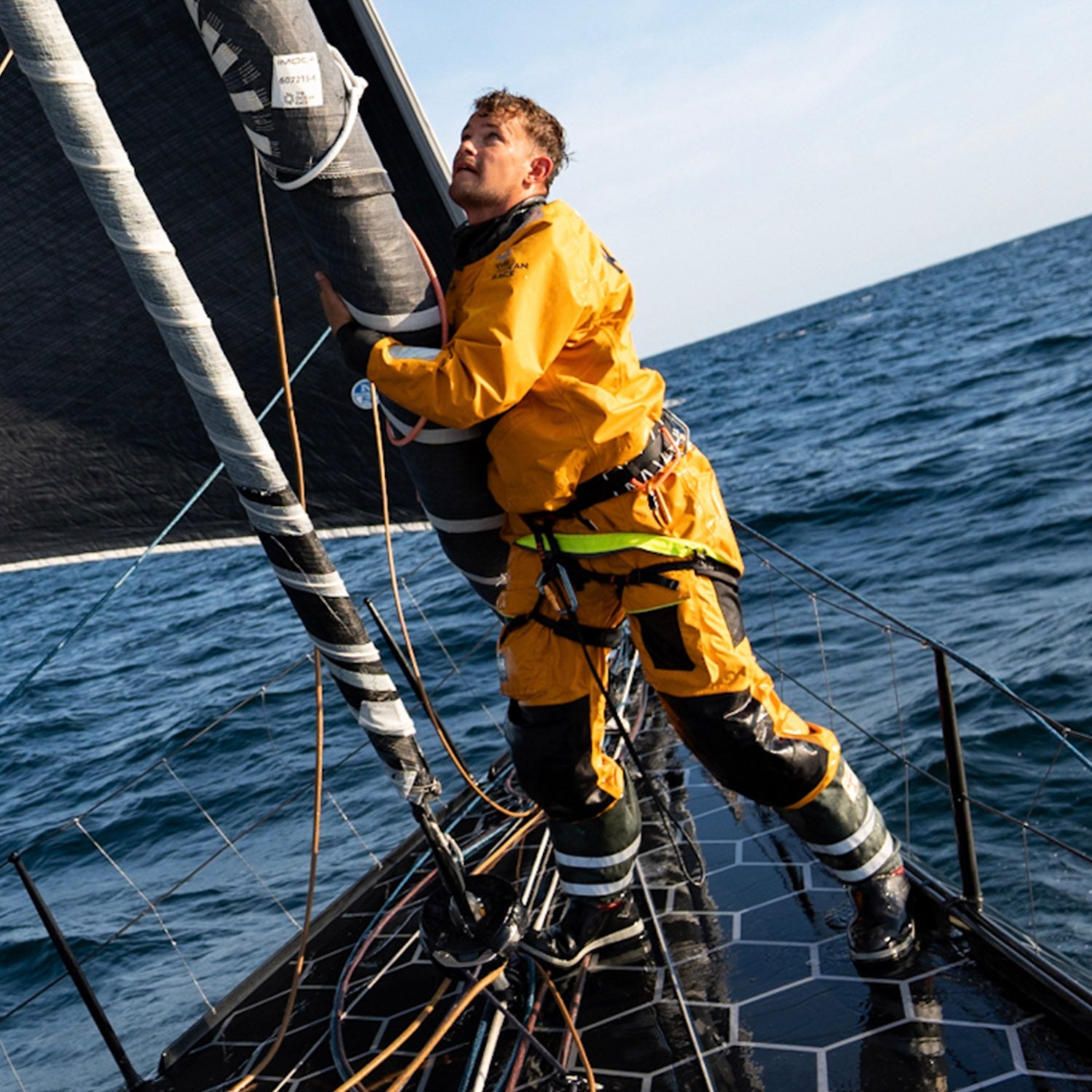 Square image of a member from Team Guyot in action while at sea during the sixth leg of the Ocean Race 2023.//© GUYOT environment - Team Europe | Gauthier Lebec