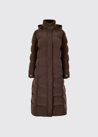 Mahogany womens full length technical down jacket with hood and quilted panels for warm outdoor clothing