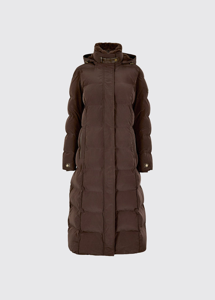 Mahogany womens full length technical down jacket with hood and quilted panels for warm outdoor clothing