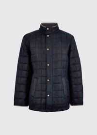 Navy men's quilted jacket with a sueded herringbone embossed shell, stand collar, brass press studs and two front pockets