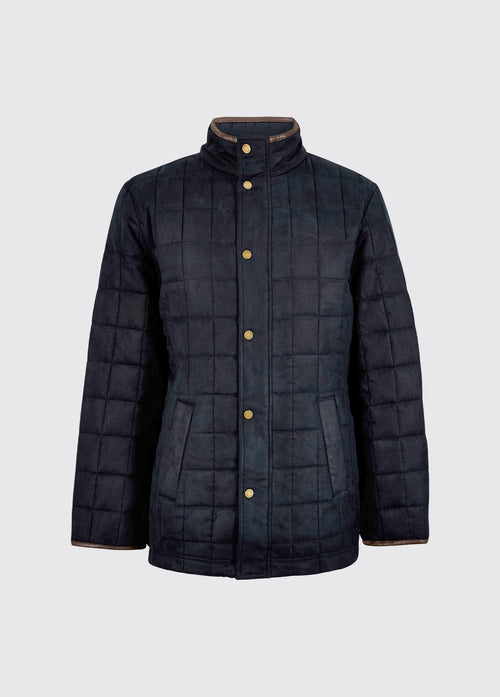 Navy men's quilted jacket with a sueded herringbone embossed shell, stand collar, brass press studs and two front pockets