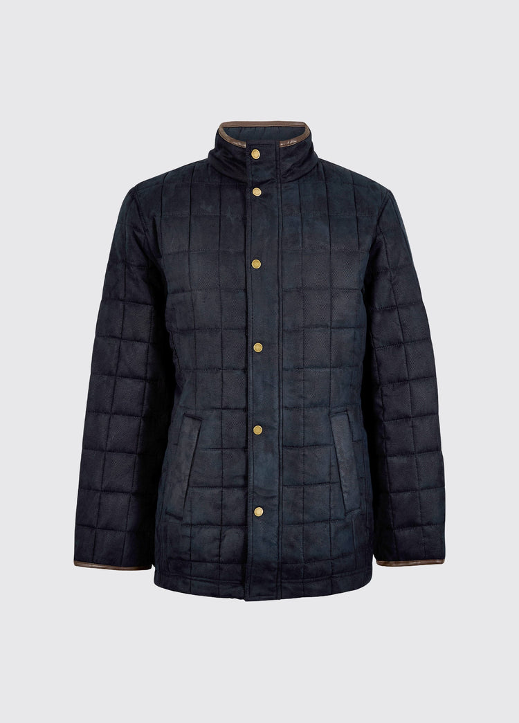 Navy men's quilted jacket with a sueded herringbone embossed shell, stand collar, brass press studs and two front pockets