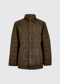 Mens olive quilted jacket with a sueded herringbone embossed shell stand collar snap fastening and front pockets