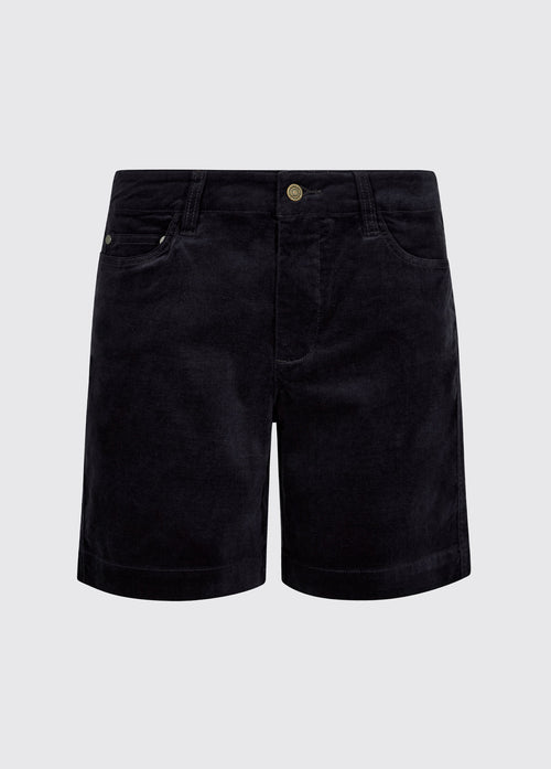 Navy womens stretch cotton pincord shorts with a soft velvety texture five pocket styling and zip fly shown from the front