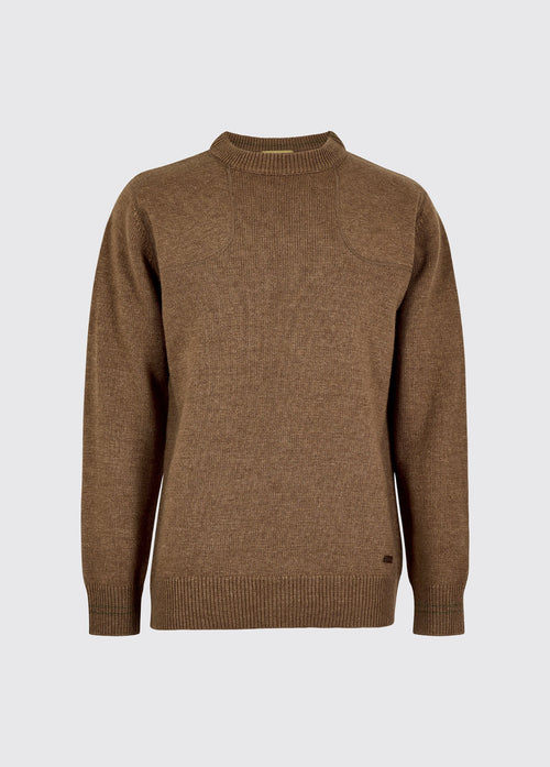 Mens Elk crew neck sweater in a wool blend with ribbed neckline cuffs and hem and a classic country knitwear style