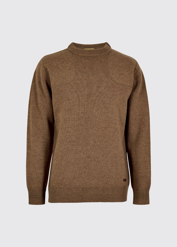 Mens Elk crew neck sweater in a wool blend with ribbed neckline cuffs and hem and a classic country knitwear style