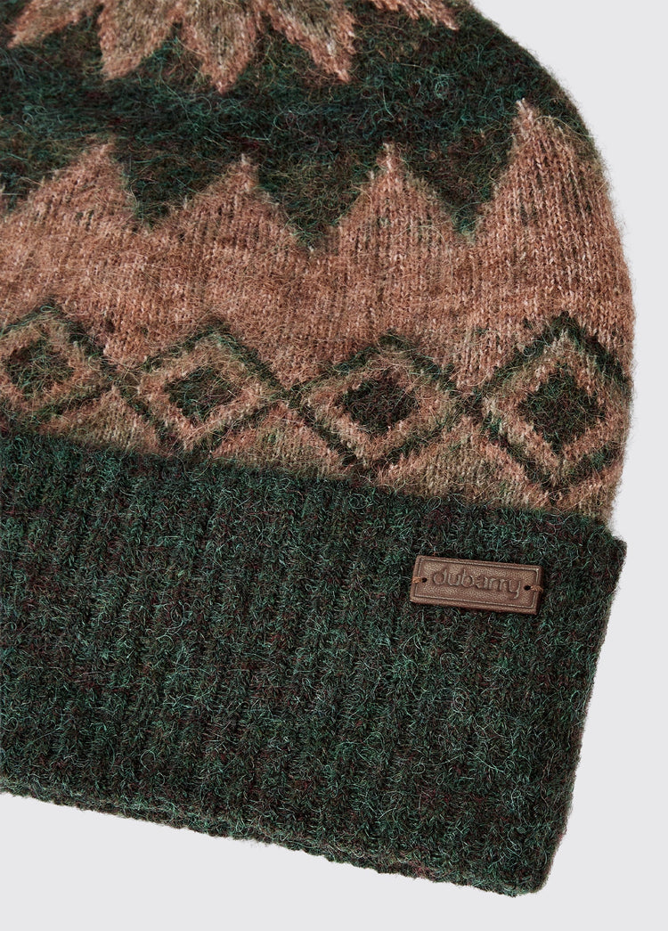 Coolroe Knitted Fair Isle Pattern Bobble Hat - Olive Multi