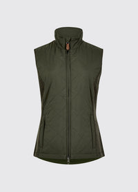 Olive womens quilted vest with a stand collar, full zip front, zip pockets and knit side panels for warmth and flexible fit