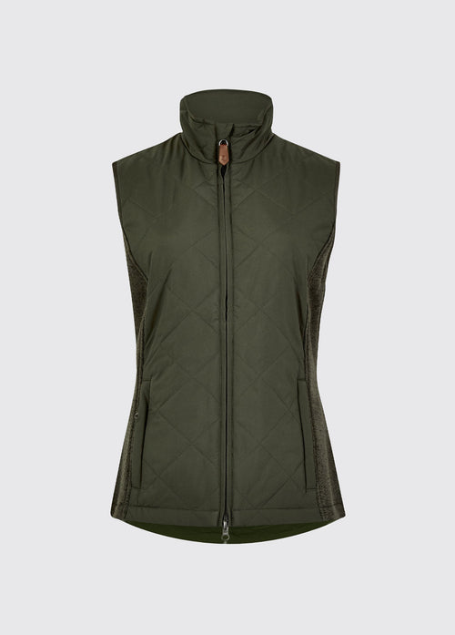 Olive womens quilted vest with a stand collar, full zip front, zip pockets and knit side panels for warmth and flexible fit