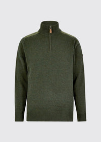 Olive mens zip neck sweater in a wool blend with a ribbed collar, cuffs and hem