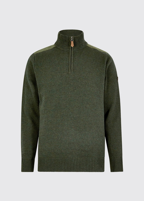 Olive mens zip neck sweater in a wool blend with a ribbed collar, cuffs and hem