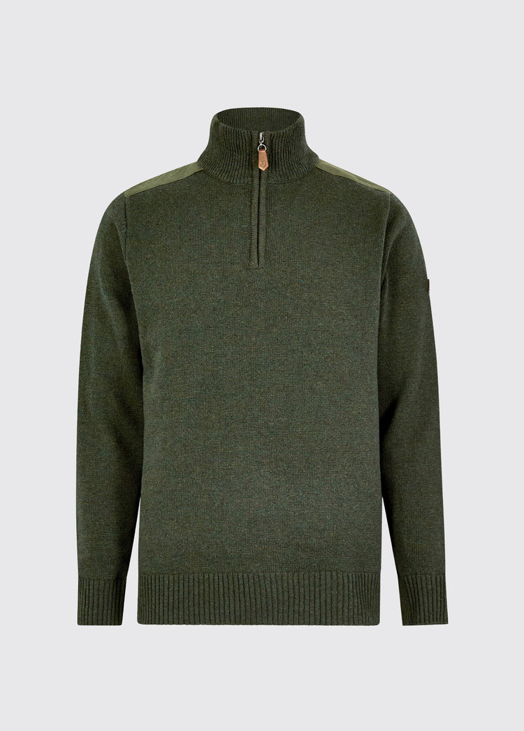 Olive mens zip neck sweater in a wool blend with a ribbed collar, cuffs and hem