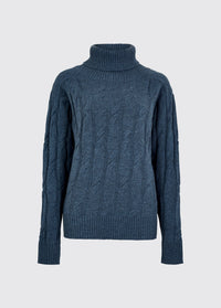 Indigo womens roll neck sweater with long sleeves and textured cable knit design plus ribbed cuffs and hem on a plain background