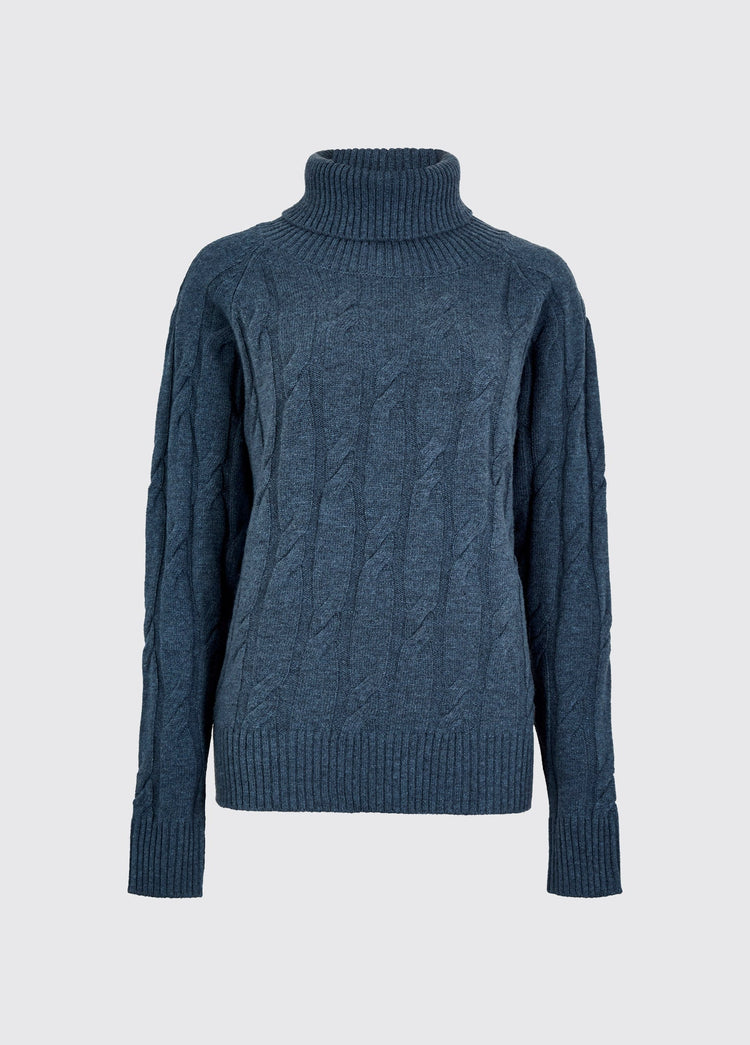 Indigo womens roll neck sweater with long sleeves and textured cable knit design plus ribbed cuffs and hem on a plain background
