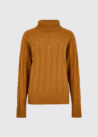 Ochre womens roll neck sweater with textured cable knit detailing and ribbed collar cuffs and hem for cosy layered warmth