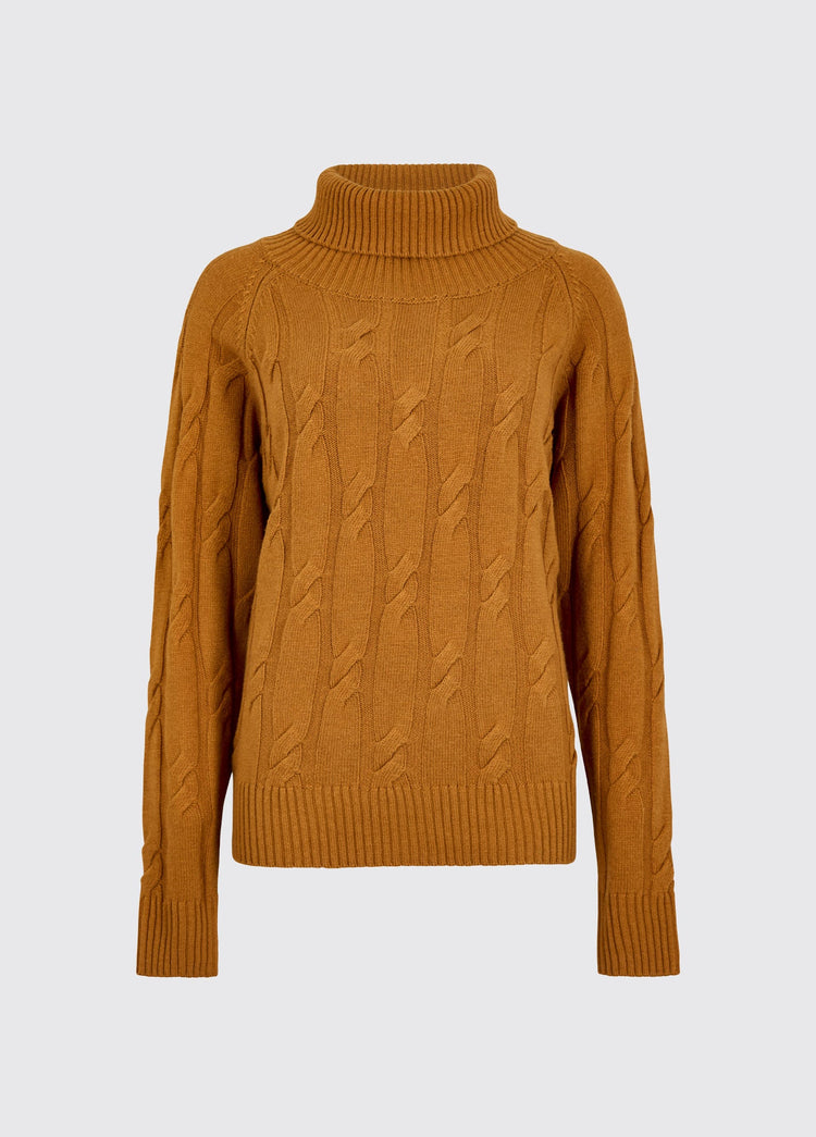 Ochre womens roll neck sweater with textured cable knit detailing and ribbed collar cuffs and hem for cosy layered warmth