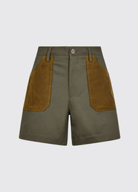 Kelp cotton shorts with contrasting brown waxed cotton pocket panels button fastening and belt loops