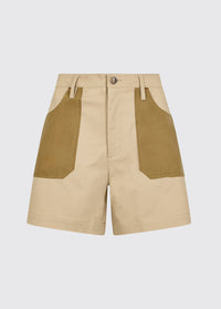 Sand cotton shorts with contrasting brown pocket panels, belt loops and front button fastening for a practical country wear look