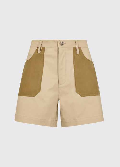 Sand cotton shorts with contrasting brown pocket panels, belt loops and front button fastening for a practical country wear look
