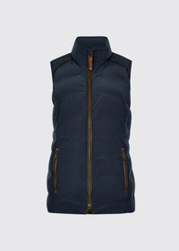 Navy womens quilted vest with stand collar full length zip and two zipped pockets for warm country wear