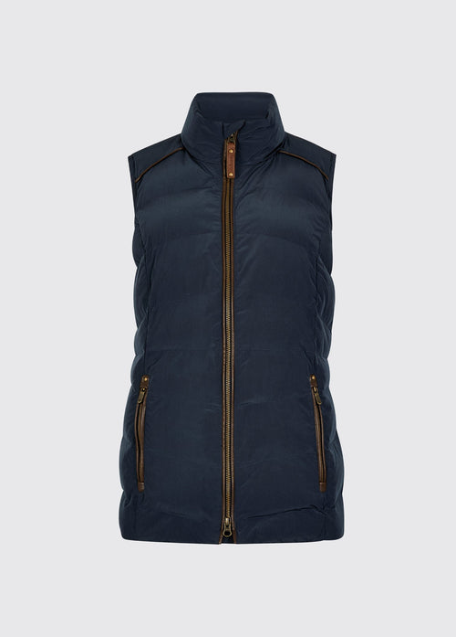 Navy womens quilted vest with stand collar full length zip and two zipped pockets for warm country wear