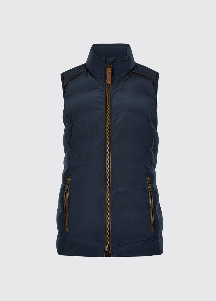 Navy womens quilted vest with stand collar full length zip and two zipped pockets for warm country wear
