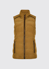 Womens ochre quilted vest with a high collar, full zip front and two vertical zipped pockets