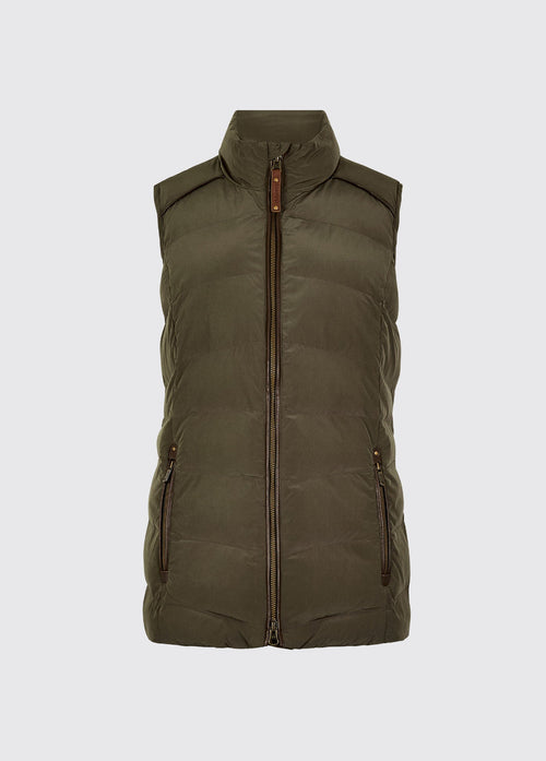 Olive womens quilted vest with stand collar full zip front and secure zipped pockets for lightweight outdoor clothing layering