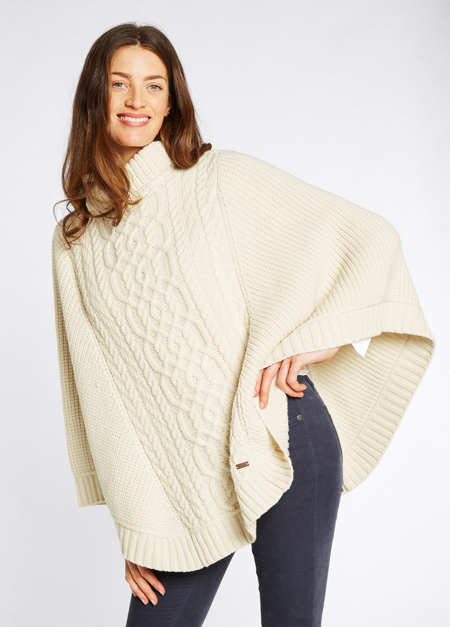 Kilronan Women's Irish Knit Merino Poncho Cream