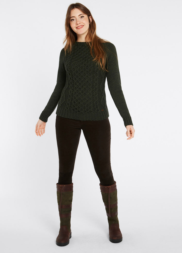 Shanley Women's Irish Knit Merino Aran Sweater - Olive