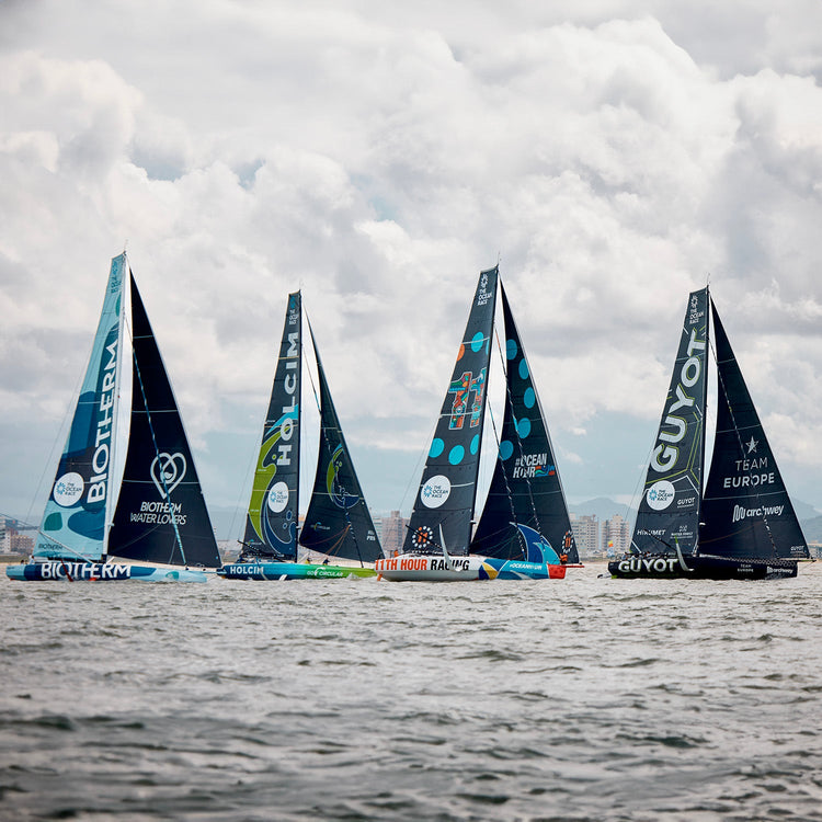 Square image of team Biotherm, Holcim, 11th Hour Racing and Guyot boats at sea during the Ocean Race 2023//© GUYOT environment - Team Europe | Sailing Energy