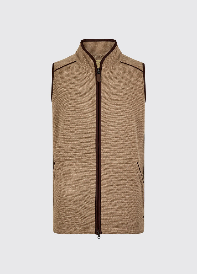 Mens elk textured fleece vest with full zip front stand collar and angled hand pockets for breathable outdoor layering
