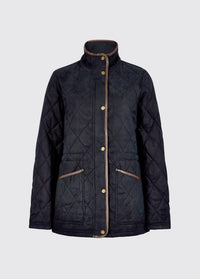Navy womens quilted jacket with a high collar, button front, contrast trim and angled welt pockets in a herringbone embossed outer shell