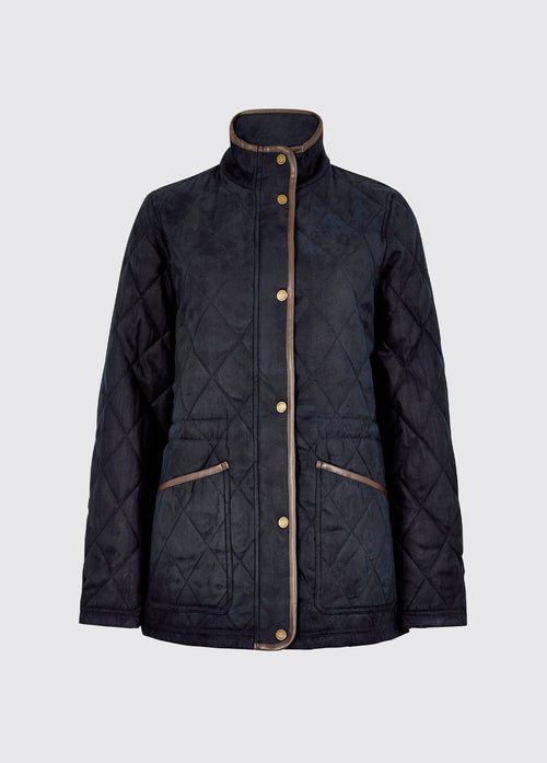 Navy womens quilted jacket with a high collar, button front, contrast trim and angled welt pockets in a herringbone embossed outer shell