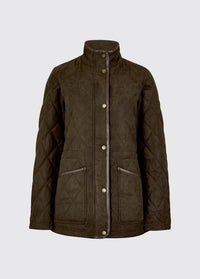 Olive womens quilted jacket with sueded herringbone embossed fabric stand collar snap front and angled zip pockets