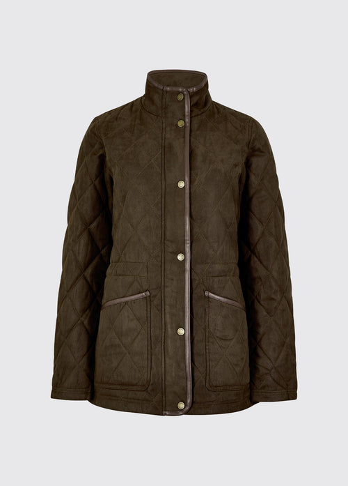Olive womens quilted jacket with sueded herringbone embossed fabric stand collar snap front and angled zip pockets