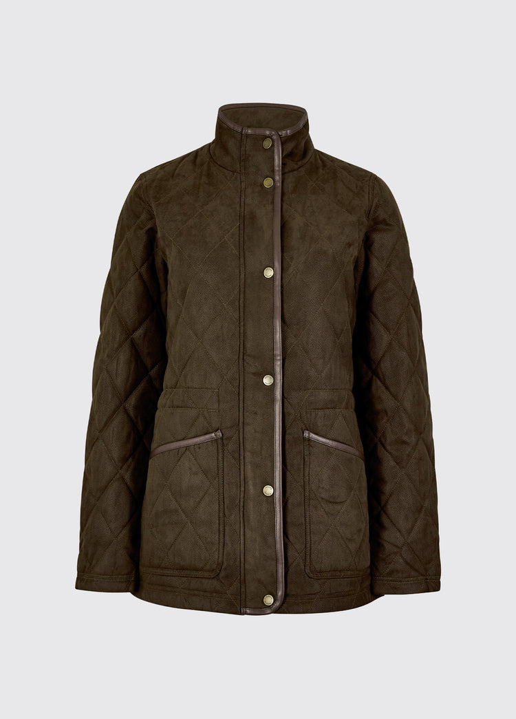 Olive womens quilted jacket with sueded herringbone embossed fabric stand collar snap front and angled zip pockets