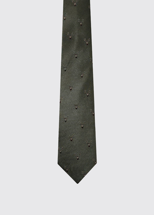 Avalon Silk Woven Stag Motif Tie - Olive