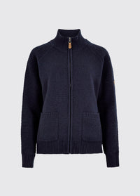 Women's navy full-zip knit sweater with a high collar ribbed cuffs and two front patch pockets