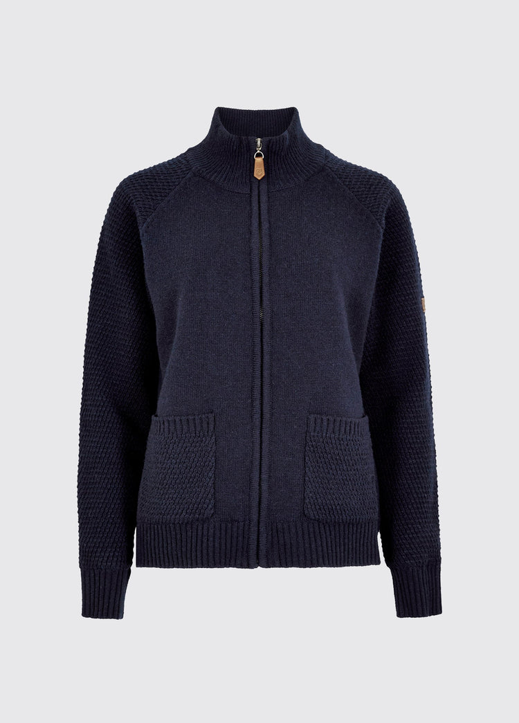Women's navy full-zip knit sweater with a high collar ribbed cuffs and two front patch pockets