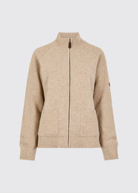 Oat women's full zip knit sweater with a ribbed stand collar, cuffs and hem, textured knit and two front patch pockets