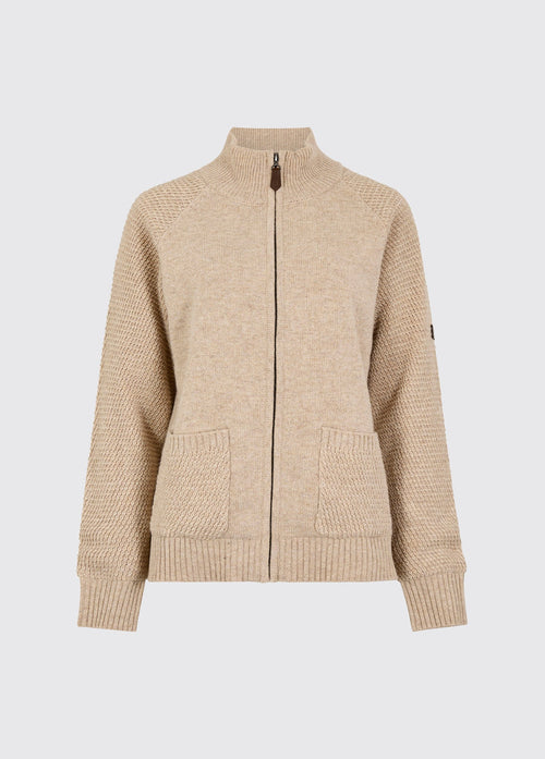 Oat women's full zip knit sweater with a ribbed stand collar, cuffs and hem, textured knit and two front patch pockets