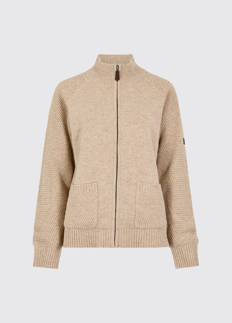 Oat women's full zip knit sweater with a ribbed stand collar, cuffs and hem, textured knit and two front patch pockets