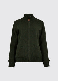 Olive womens full zip wool blend sweater with a high neck ribbed cuffs hem and two patch pockets