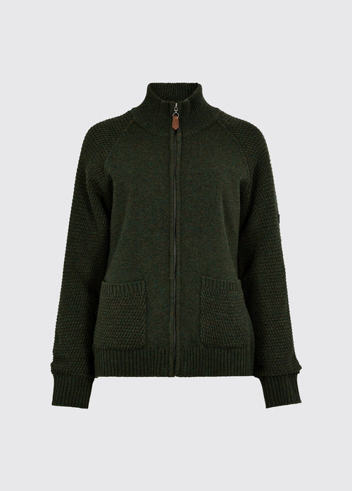 Olive womens full zip wool blend sweater with a high neck ribbed cuffs hem and two patch pockets