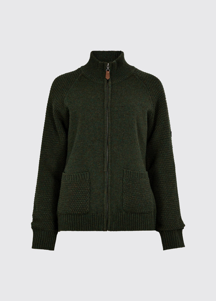 Olive womens full zip wool blend sweater with a high neck ribbed cuffs hem and two patch pockets