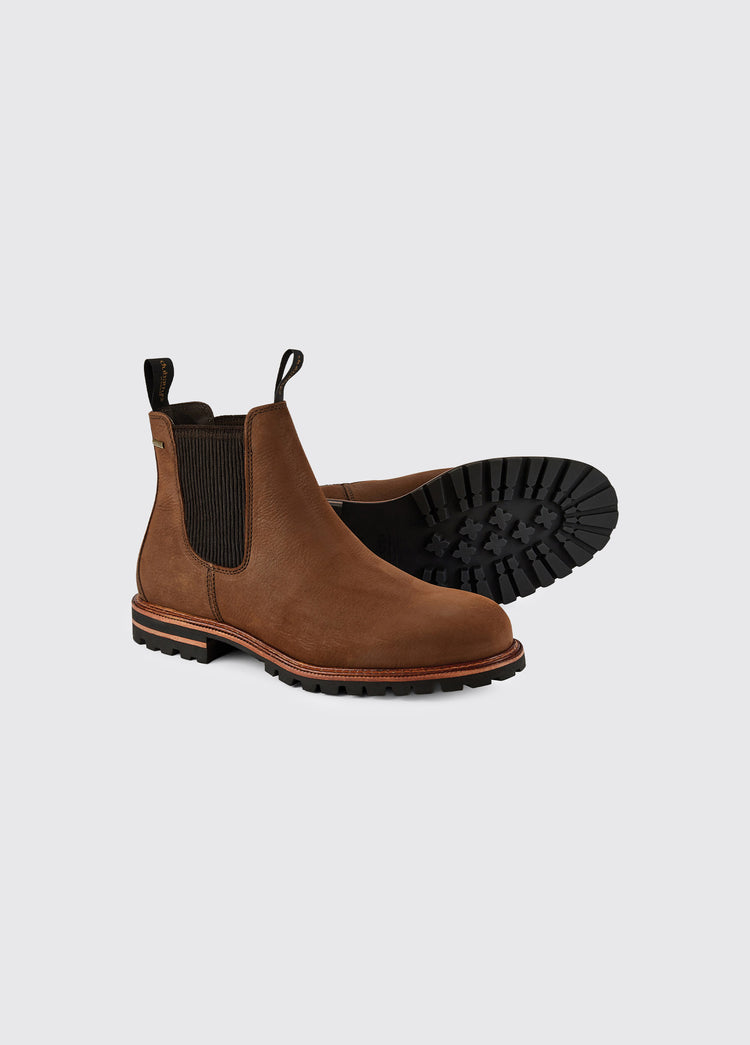 Walnut leather ankle boots with elastic side panels and rugged soles featuring a waterproof and breathable GORE TEX lining
